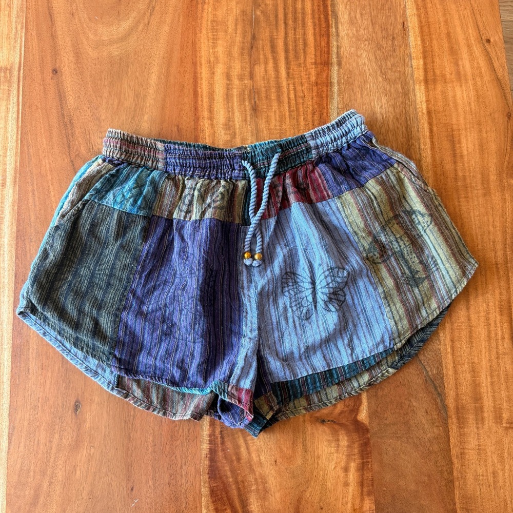 Kirat Women's Multi-Color Boho Patchwork Mushroom Cotton Shorts Size M/L